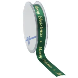 Merry Christmas Satin Ribbon; Gold on Green